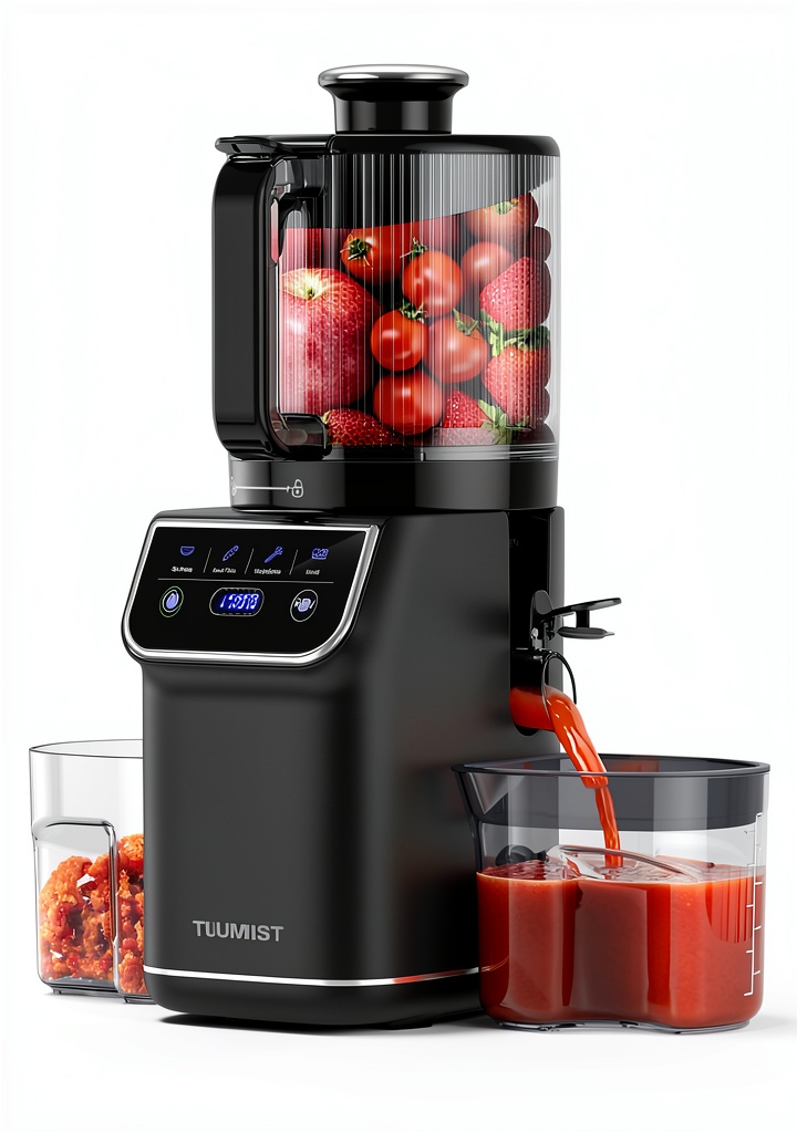 TUUMIIST juicer processing whole fruits on a kitchen counter